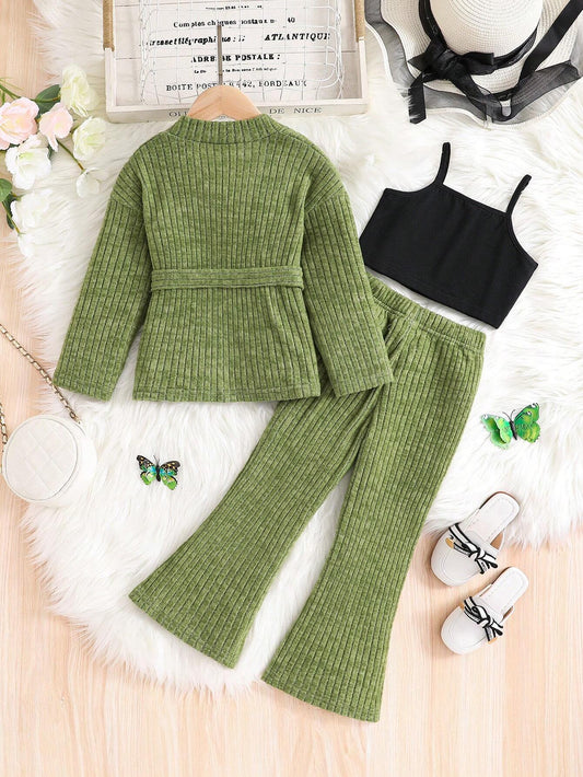 Toddler Girls' Casual Green Christmas Fuzzy Ribbed Jacket With Belt, Black Knit Vest And Matching Green Flared Pants