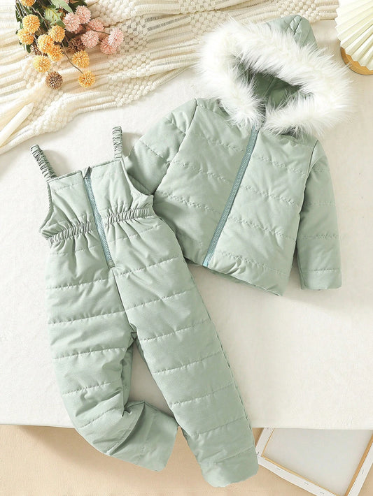 2pcs Girl Winter Padded Coat & Bib Pants Set, Young Girl Thick Warm Hooded Coat & Overalls Outfit