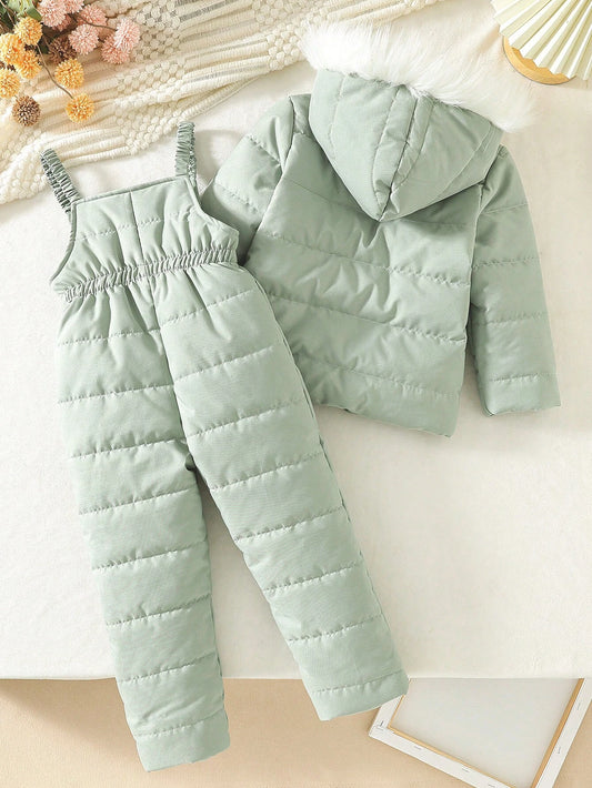 2pcs Girl Winter Padded Coat & Bib Pants Set, Young Girl Thick Warm Hooded Coat & Overalls Outfit