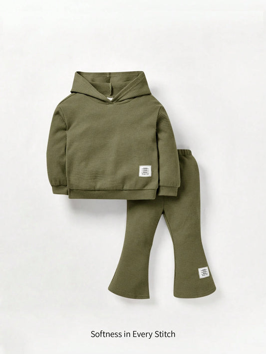 Cozy Cub 2pcs/Set Unisex Baby Girl Solid Dropped Shoulder Hooded Sweatshirt And Flare Leg Pants Outfit