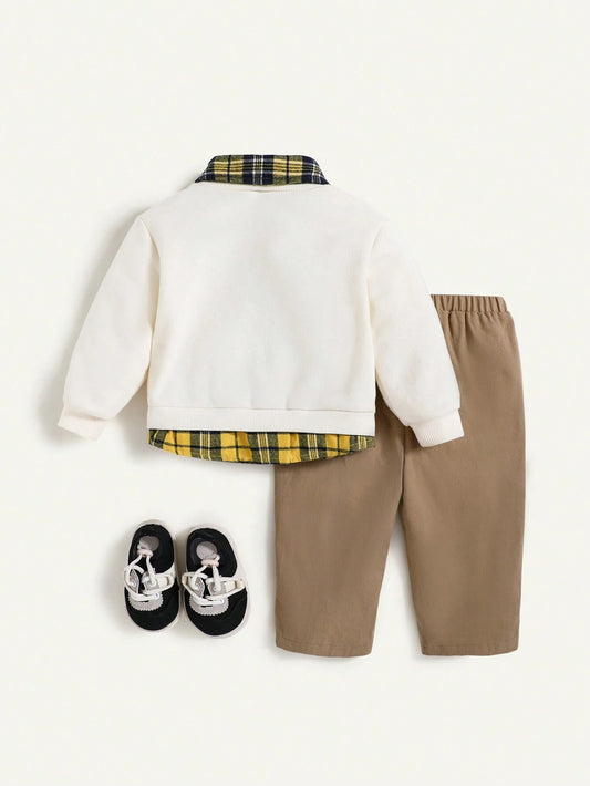 Cozy Pixies 2pcs/Set Baby Boy Colorblock Plaid Collar Soft Knit Long Sleeve Pullover Sweatshirt And Casual Pants Outfit, Suitable For Casual, Travel, Vacation, School And Other Occasions