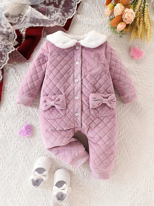 Baby Girl Elegant & Comfy Simple Purple Bow Decor Fleece Collar Jumpsuit