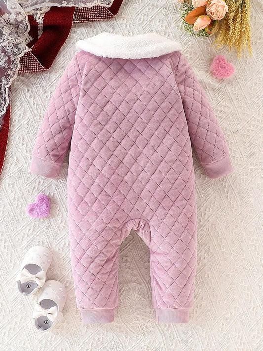 Baby Girl Elegant & Comfy Simple Purple Bow Decor Fleece Collar Jumpsuit