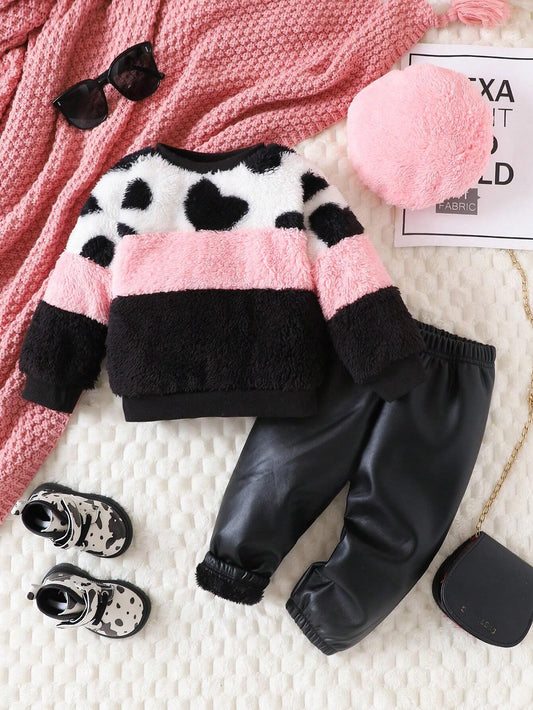 3pcs Baby Girls' Fashionable Patchwork Plush Outfit With Hat