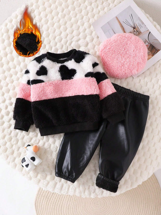 3pcs Baby Girls' Fashionable Patchwork Plush Outfit With Hat