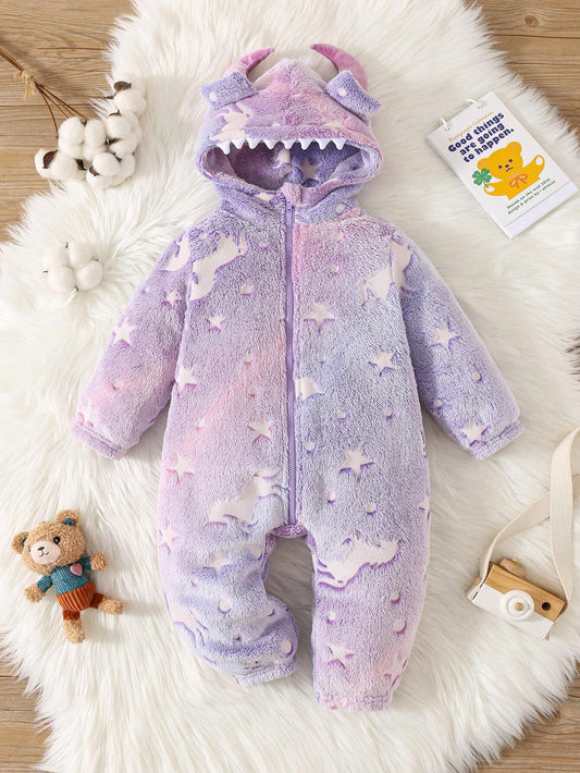 Infant/Toddler Girls' Cartoon Pattern Hooded Long Sleeve Zip-Up Fleece Jumpsuit