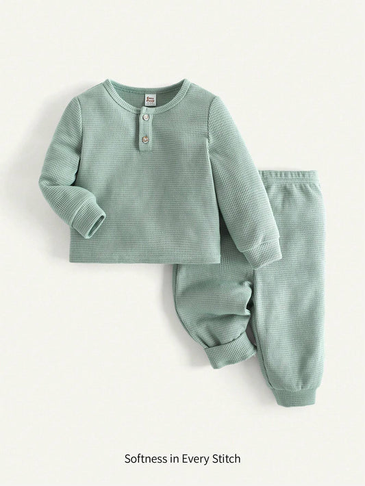 Cozy Pixies 2pcs Baby Boy Knit Soft V-Neck Long Sleeve Half Placket Pullover Top And Casual Pants Set