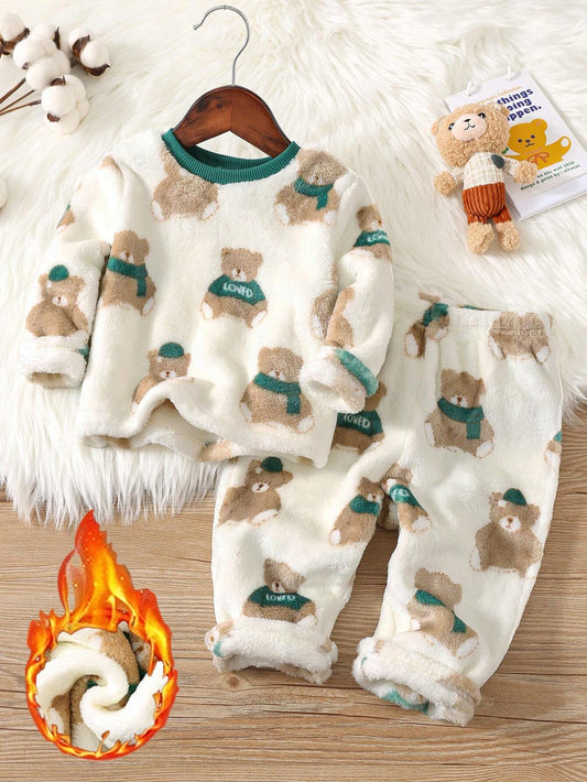 2pcs/Set Baby Boys' Bear Pattern Colorblock Collar Long Sleeve & Long Pants Coral Fleece Pajama Set,