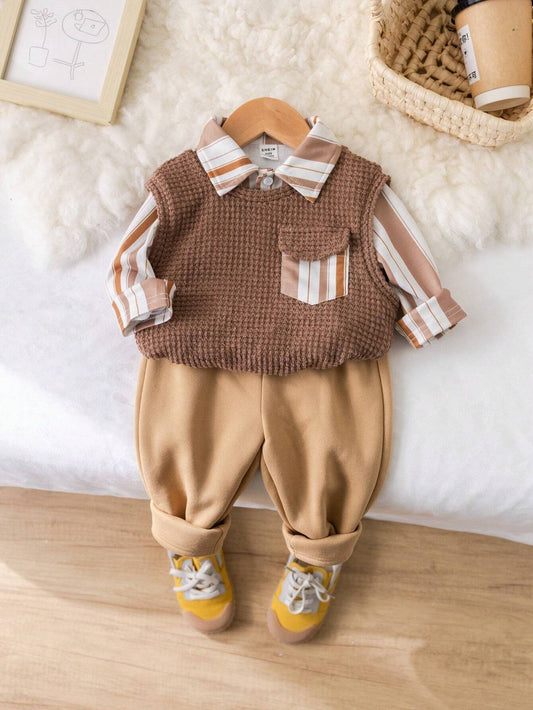 3pcs/Set Baby Boy/Girl Casual Knit Vest, Striped Shirt And Pants Outfit