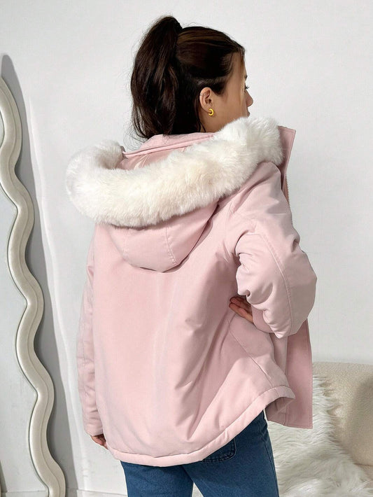 Teenage Girls Casual College Style Warm Mid-Length Padded Coat With Fur Collar