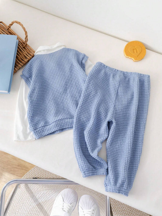 2pcs Baby Boy & Baby Girl Cute Color Block Collar Long Sleeve Top And Elastic Waist Pants Set