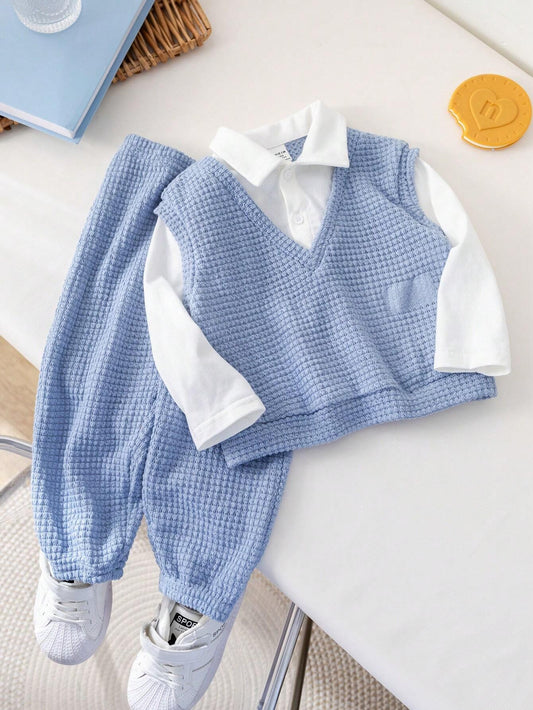 2pcs Baby Boy & Baby Girl Cute Color Block Collar Long Sleeve Top And Elastic Waist Pants Set