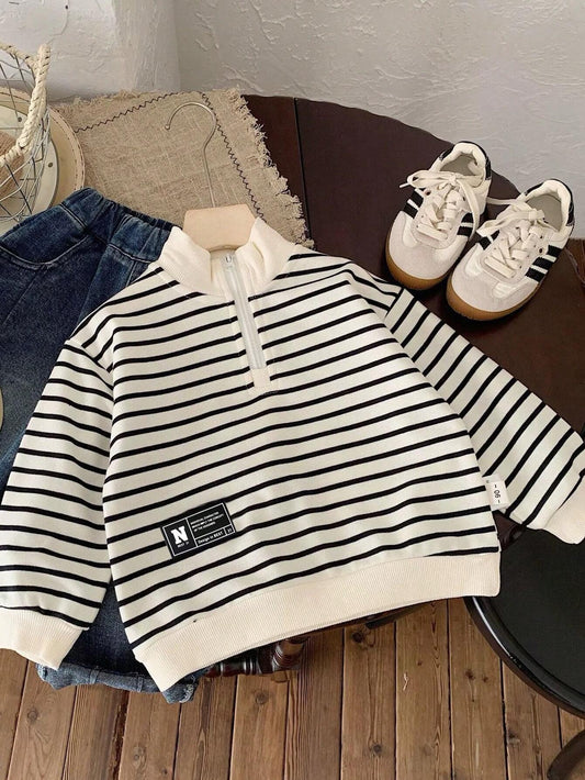 1pc Casual Charming Everyday Comfortable Knitted Turtleneck Half-Zip Striped Long Sleeve Sweatshirt