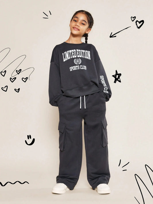 SUMWON Tween Girls Crew Neck Drop Shoulder Sweatshirt With Limited Edition Graphic Print And Straight Fit Cargo Pant 2 Piece Set