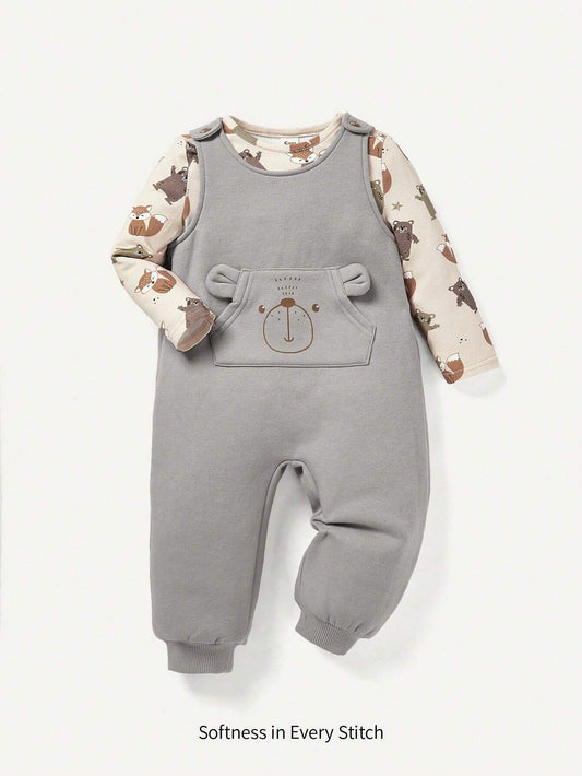 Cozy Pixies Baby Boy Cute Bear Pattern Round Neck Top With Strap Suspender Jumpsuit Two Piece Set