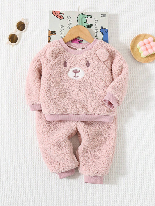 Cozy Cub 2pcs/Set Baby Girl Cartoon Bear Pattern Fleece Crew Neck Long Sleeve Sweatshirt And Pants