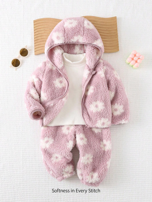 Cozy Pixies 2pcs Baby Girl Colorful Floral Print Hooded Thickened Jacket And Casual Pants Set