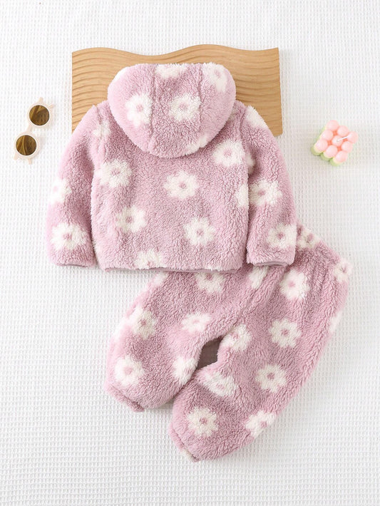 Cozy Pixies 2pcs Baby Girl Colorful Floral Print Hooded Thickened Jacket And Casual Pants Set