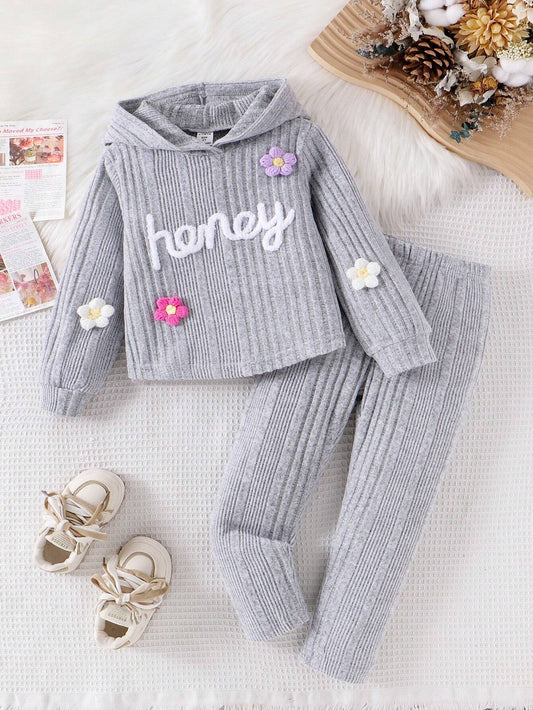 2pcs/Set Girls Casual Knitted Floral Embroidery Letter Hoodie Set