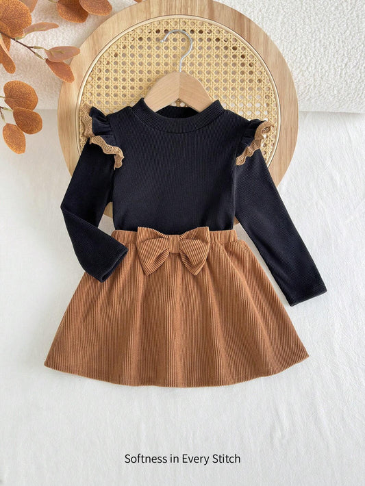 Cozy Cub 2pcs Baby Girl Collared Ruffle Long Sleeve Blouse & Elastic Waist Skirt Set