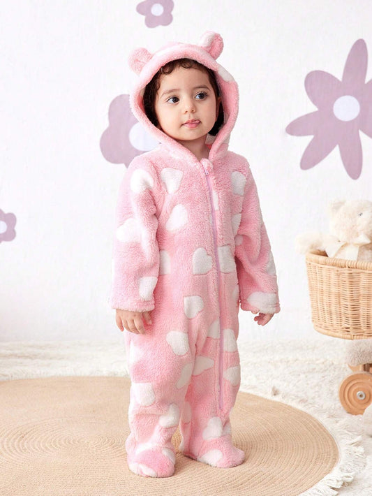 Newborn Baby Girl Cute Pink Fluffy Heart Pattern Hooded Footed Jumpsuit