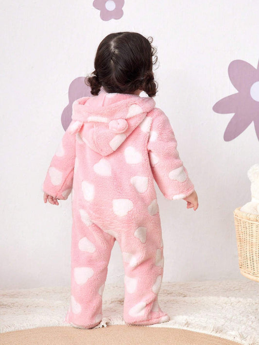 Newborn Baby Girl Cute Pink Fluffy Heart Pattern Hooded Footed Jumpsuit