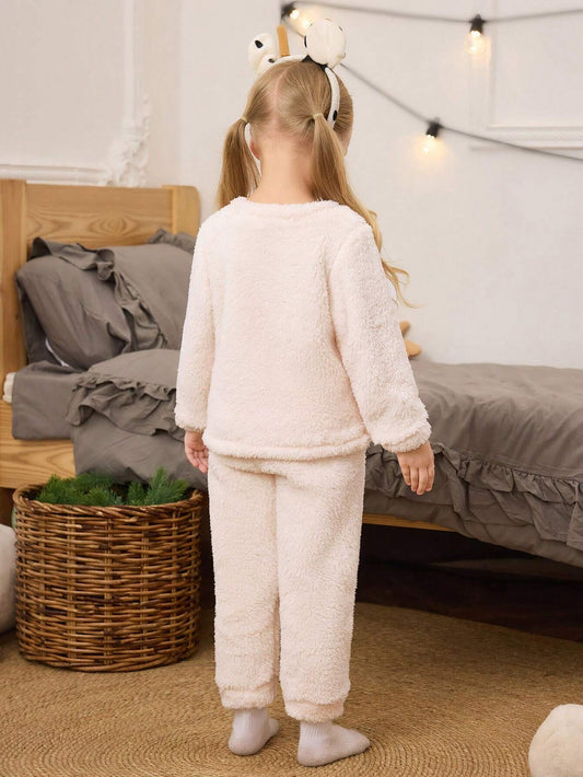 2pcs Girls Minimalist White Plush Heart & Leopard Embroidery Long Pants And Long Sleeve Warm And Comfortable Pajama Set