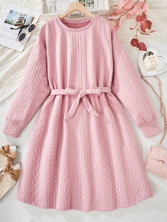 Textured Loose Waist Belt Casual Vacation Round Neck Pink Dress