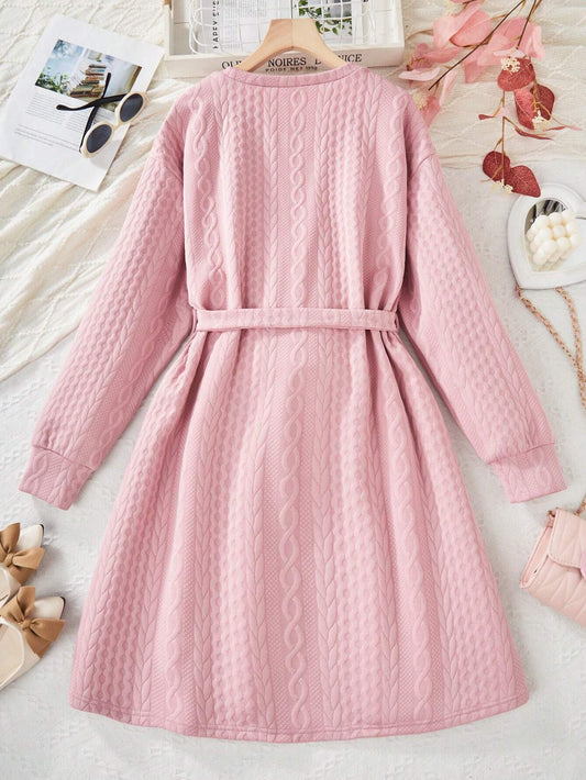 Textured Loose Waist Belt Casual Vacation Round Neck Pink Dress