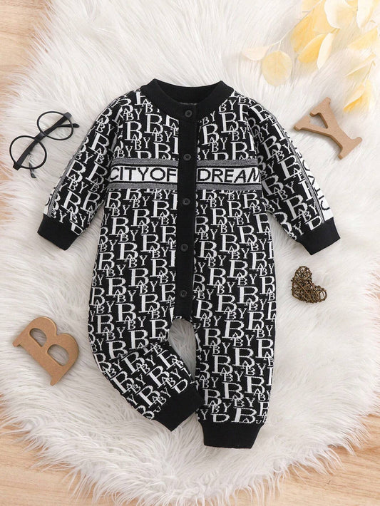 Newborn Baby Boy Button-Up Full Letter Print Cute Knit Jumpsuit