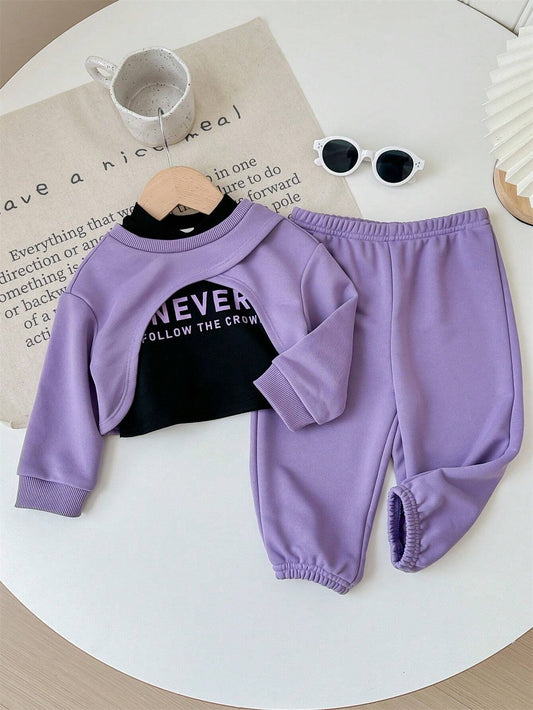 Baby Girl Casual Cute Knitted Letter Print Sleeveless Vest, Shorts, Long Sleeve Top And Elastic Waist Pants Set