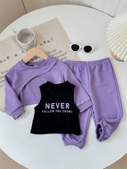 Baby Girl Casual Cute Knitted Letter Print Sleeveless Vest, Shorts, Long Sleeve Top And Elastic Waist Pants Set