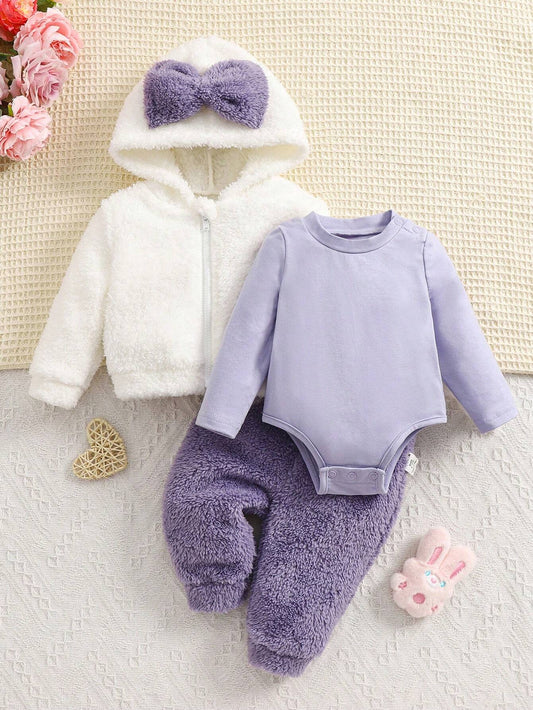 3-Piece Newborn Baby Girl Fall/Winter Warm Soft Fuzzy Bow Hooded Sweatshirt And Long Pants Knitted Jumpsuit Set