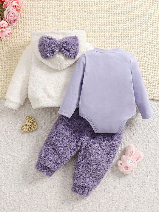 3-Piece Newborn Baby Girl Fall/Winter Warm Soft Fuzzy Bow Hooded Sweatshirt And Long Pants Knitted Jumpsuit Set