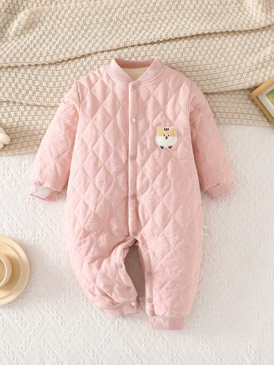 Baby Girl Pink Simple Quilted Long Sleeve Jumpsuit Romper Comfortable Warm Indoor Outfit