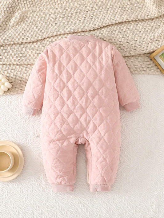 Baby Girl Pink Simple Quilted Long Sleeve Jumpsuit Romper Comfortable Warm Indoor Outfit