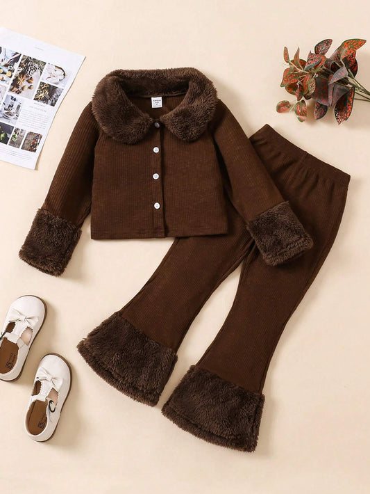 Toddler Girls Furry Lapel & Cuffs Patchwork Jacket Top And Flare Legs Furry Patchwork Pants