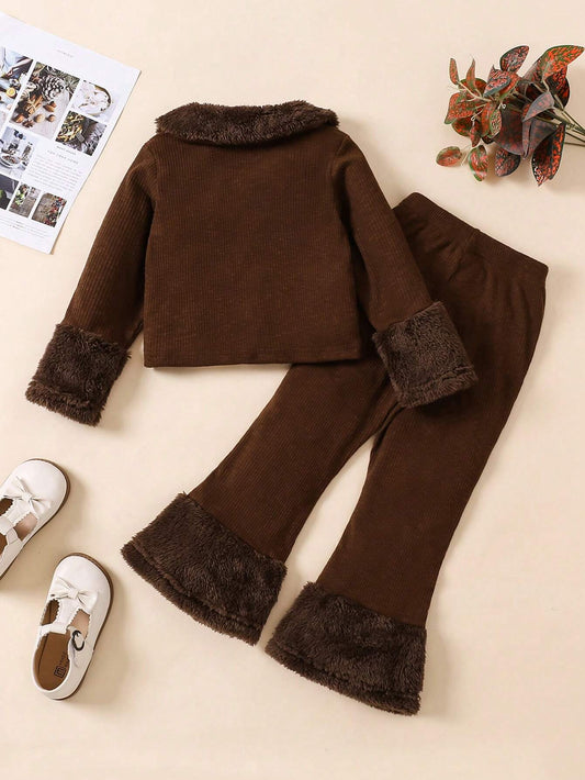 Toddler Girls Furry Lapel & Cuffs Patchwork Jacket Top And Flare Legs Furry Patchwork Pants