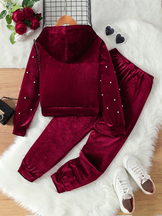 2pcs/Set Tween Girls' Plain Zip-Up Hoodie And Pants Casual Outfit