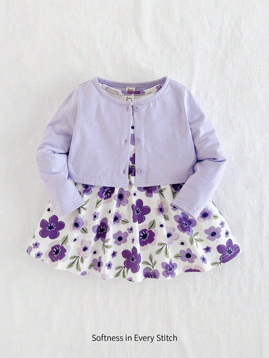 Cozy Cub Baby Girl Solid Color Soft Knit Cardigan & Ditsy Floral Cinched Waist Dress Set