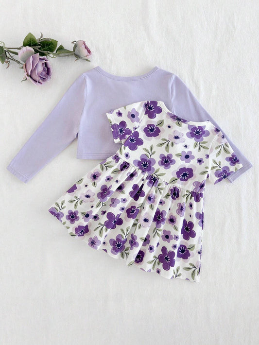 Cozy Cub Baby Girl Solid Color Soft Knit Cardigan & Ditsy Floral Cinched Waist Dress Set