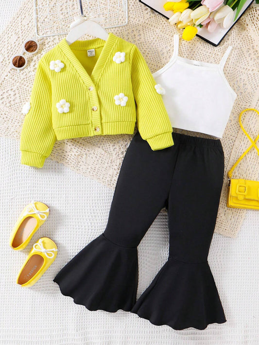 3-Piece Outfit For Young Girls In Bright Yellow: Long Sleeve Knit Cardigan With White Knitted Flower Detail, Camisole, And Flared Pants