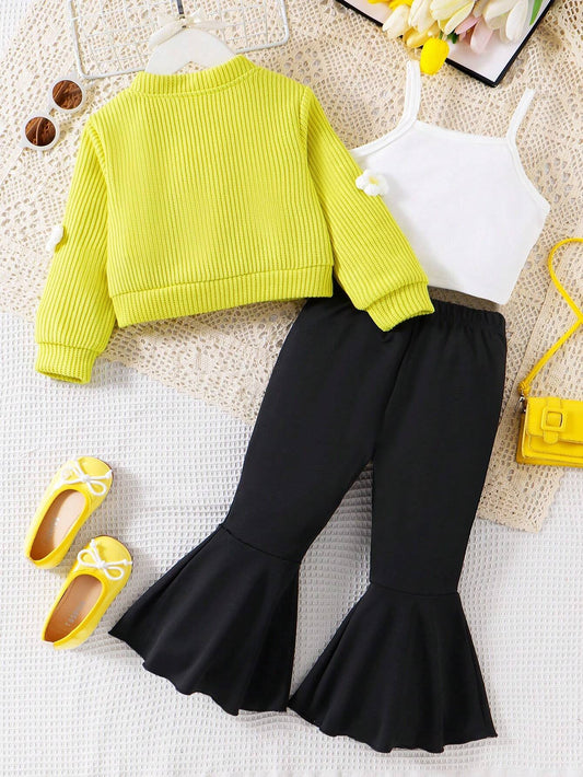 3-Piece Outfit For Young Girls In Bright Yellow: Long Sleeve Knit Cardigan With White Knitted Flower Detail, Camisole, And Flared Pants