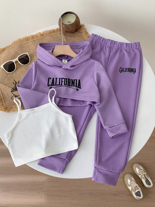 Genkimix Kids Young Girl Letter Graphic Hoodie & Solid Cami Top & Sweatpants