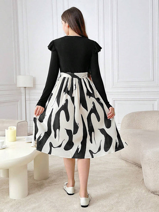 Teen Girls Puffed Sleeve Knitted Splicing Geometric Print Elegant Party Midi Dress