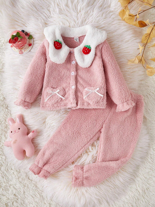 2pcs/Set Young Girls' Lotus Pink Double-Sided Plush Top And Pants Casual Homewear Set