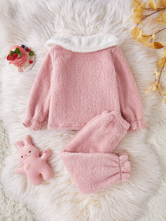 2pcs/Set Young Girls' Lotus Pink Double-Sided Plush Top And Pants Casual Homewear Set