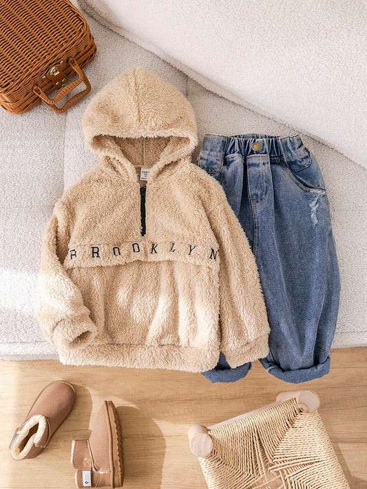 1pc Young Boys Casual Comfy Everyday Essential English Embroidered Khaki Fleece Oversized Hoodie