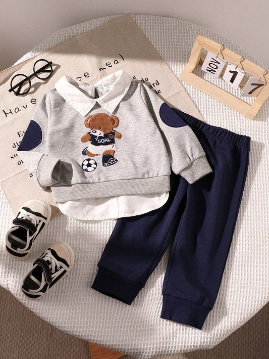 Baby Boy 2pcs Cute Bear & Football Embroidered Shirt Collar 2 In 1 Sweatshirt And Sweatpants