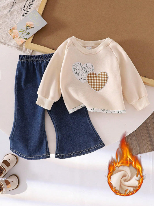 2pcs Baby Girl Ditsy Floral Sweatshirt With Embroidered Graphic And Denim Pants